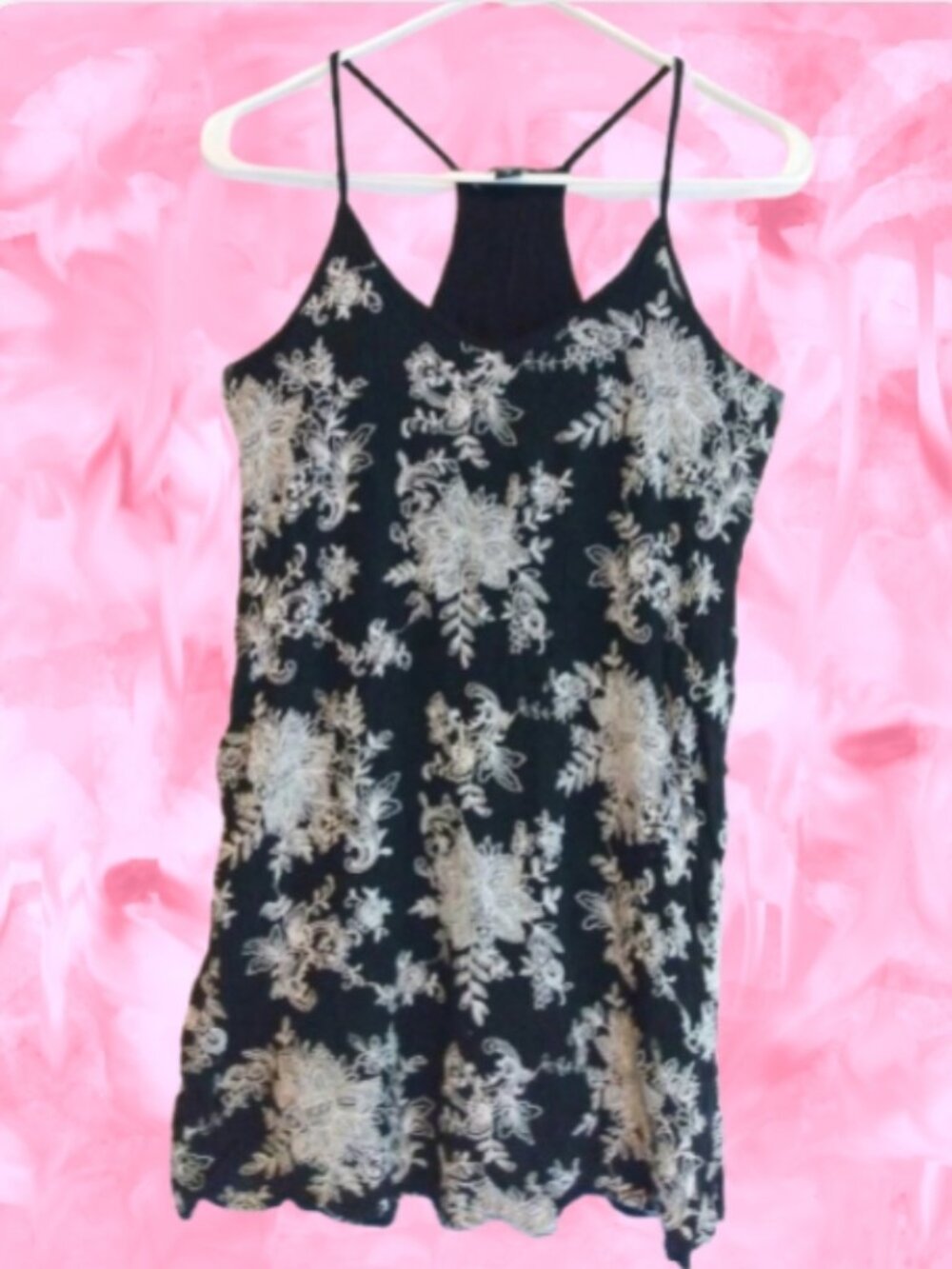 Karen Kane Lined Embroidered Crinkle Top M Boho Floral Cottagecore Black Ivory